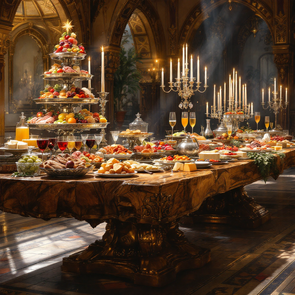 A grand table made of dark wood is adorned with a vibrant spread of intricate dishes, elegant goblets, and towering platters of fruits and desserts, illuminated by glowing candles.