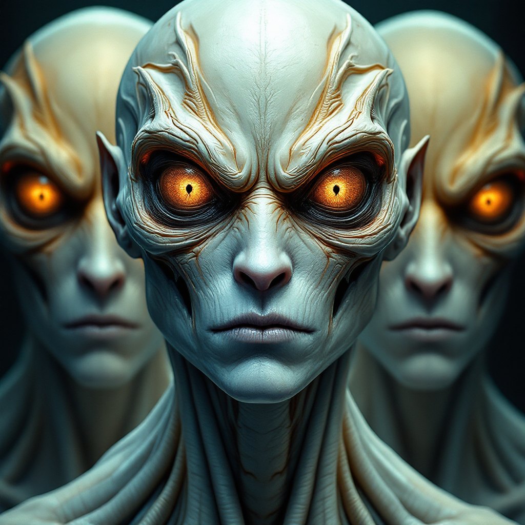 A trio of humanoid figures with skeletal features, including bone-like eyebrows and lips, and glowing amber, wolf-like eyes, reflecting an alien yet almost human appearance.