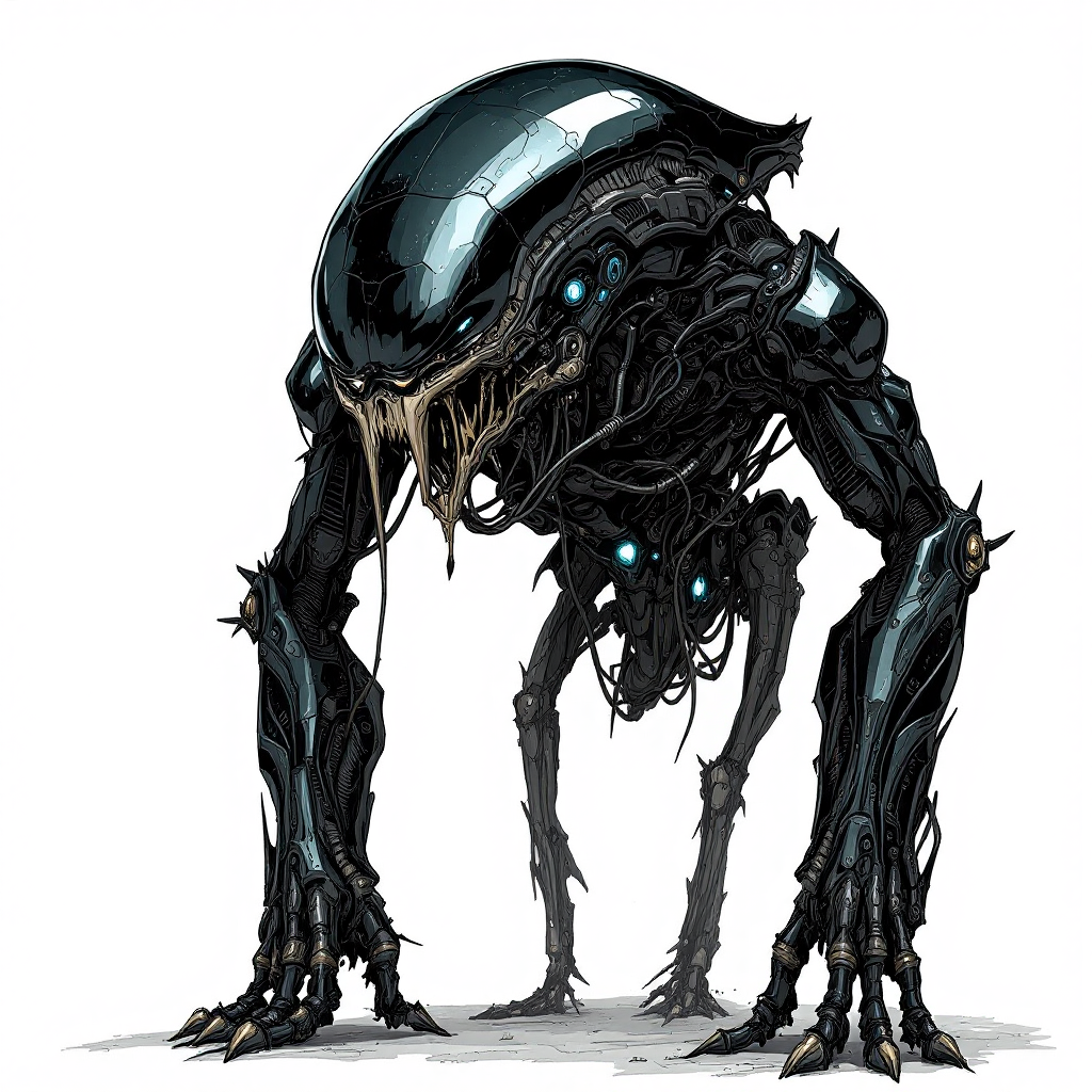 A two-legged creature with a polished onyx-like carapace, mechanical muscles, and an iron skeleton. It has tear-shaped eyes and complex, non-mouthed features.