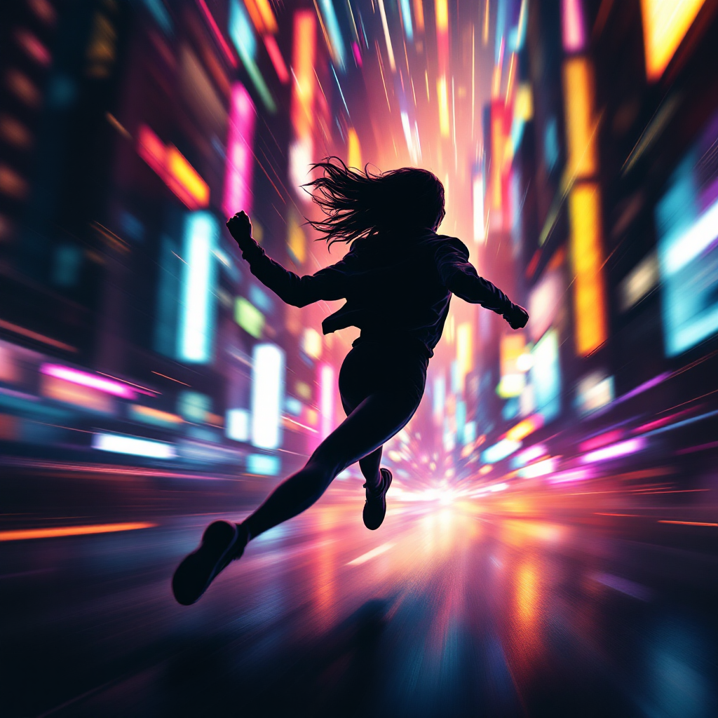 A silhouette of a person running through a vibrant, neon-lit cityscape, embodying the quote’s urgency to move with a dynamic and changing world.