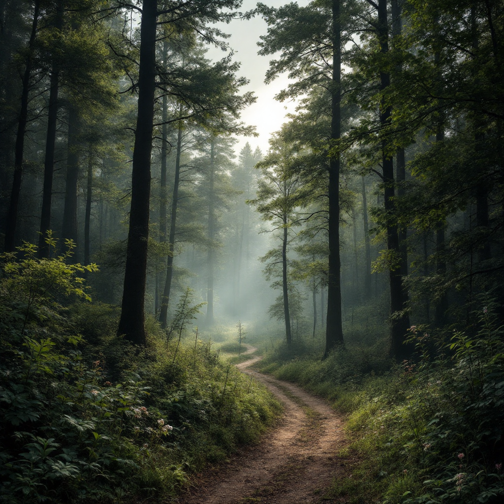 A winding path through a misty forest, surrounded by tall trees, evokes a sense of tranquility, harmonizing with the quote about the desire for silence from noise.