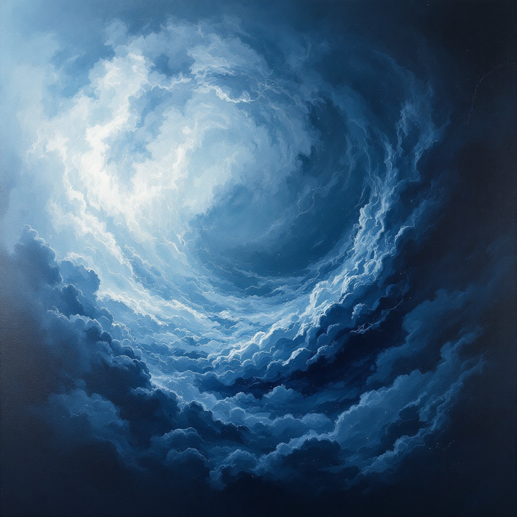 A swirling mass of blue clouds illuminated by soft light, evoking a sense of tumult and transformation, reflecting the struggle for survival as expressed in the quote.