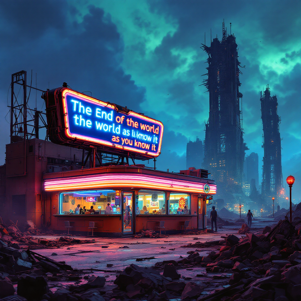 A neon-lit diner stands amidst a post-apocalyptic landscape, with crumbling structures and dark skies, echoing the quote, The world has ended, so why hasn’t this one?