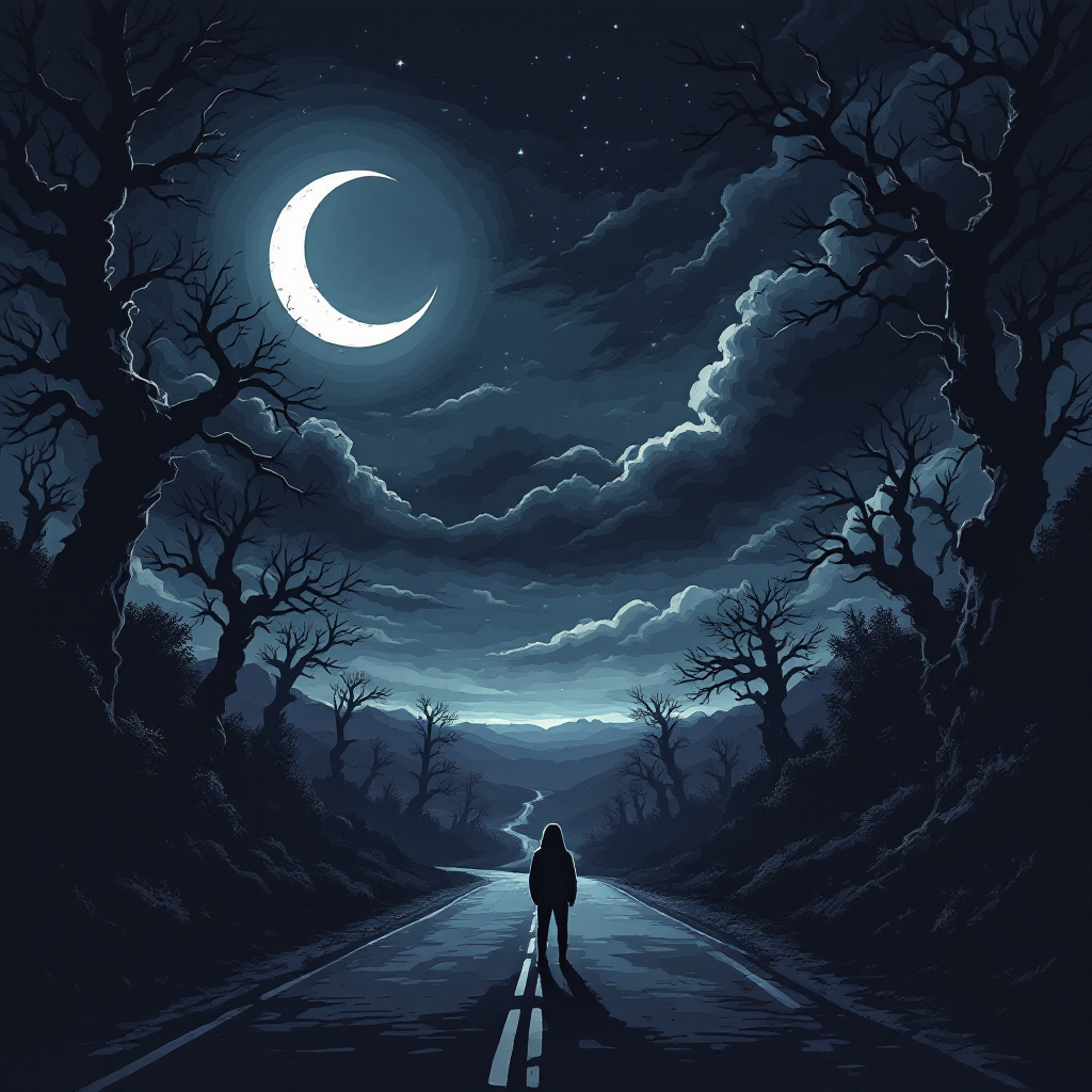 A solitary figure stands on a dark road beneath a crescent moon, surrounded by twisted trees and swirling clouds, embodying the quote: The night is dark, and the shadows are alive.