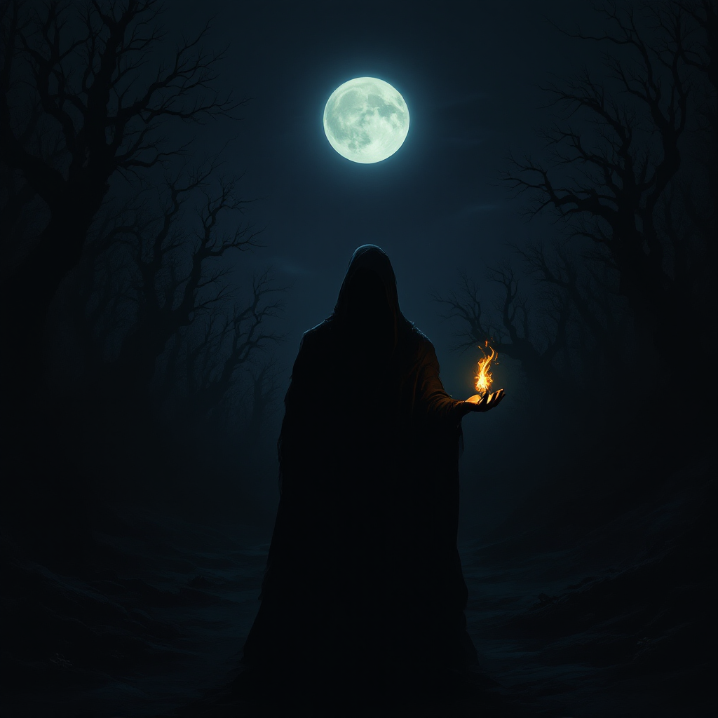 A cloaked figure stands in a dark forest, illuminated by a small flame in their hand, under a bright full moon, symbolizing the idea of igniting one's own light in dark times.