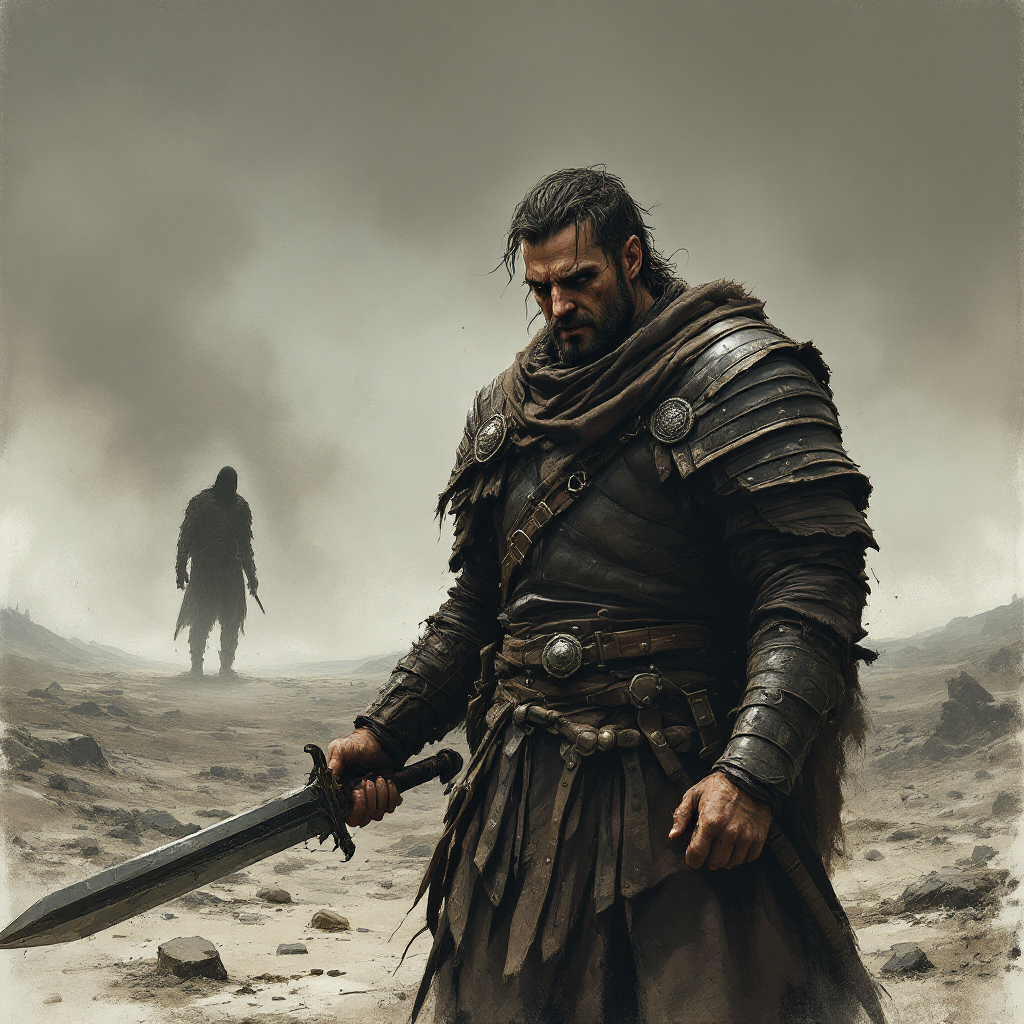 A solemn warrior stands amidst a desolate landscape, gripping his sword. In the background, a shadowy figure represents the importance of allies in times of despair.