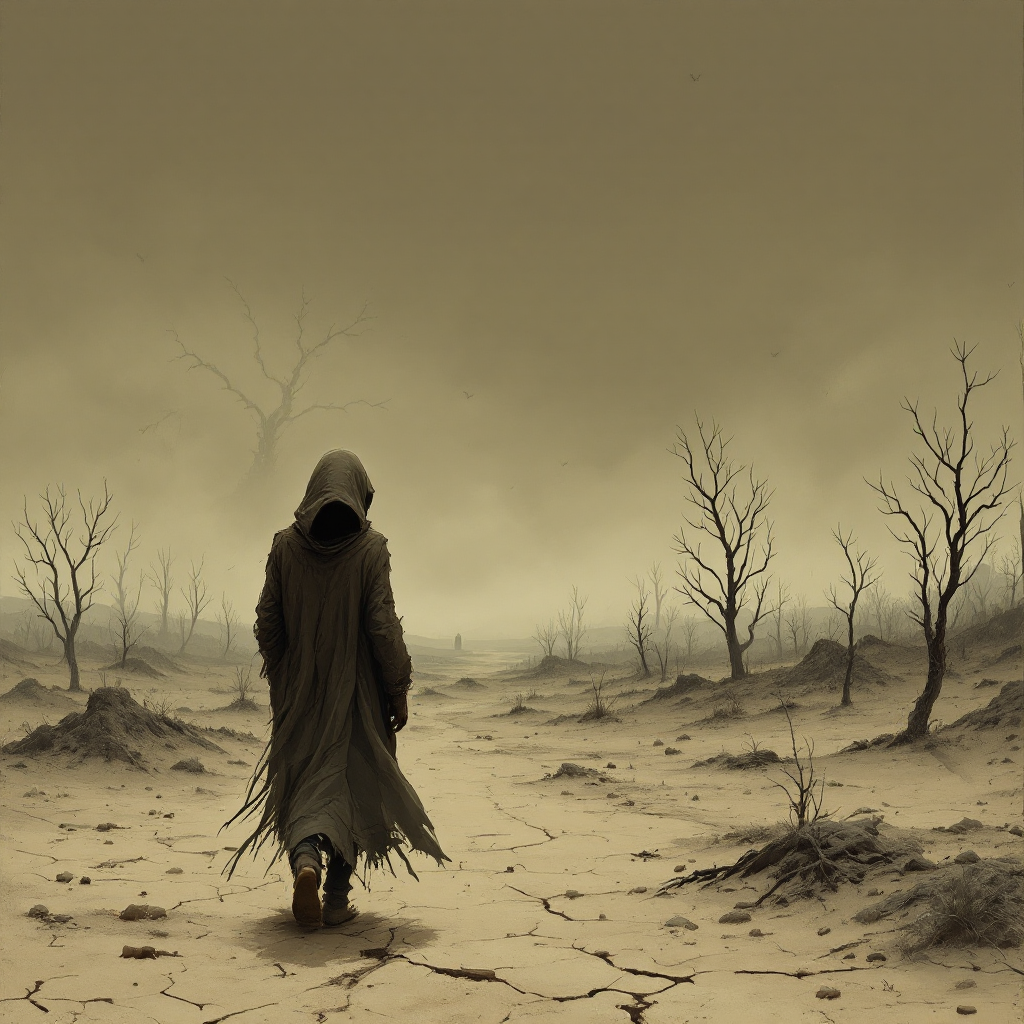 A solitary figure in a tattered cloak walks through a desolate, cracked landscape under an ominous sky, embodying the unsettling truth that the world is fraught with danger.