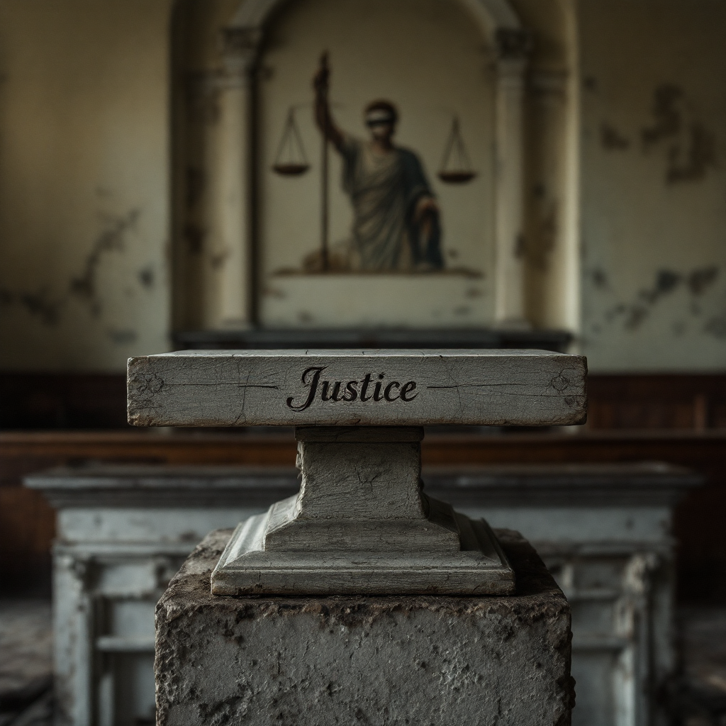 An abandoned courtroom featuring a pedestal inscribed with Justice in the foreground, and a faded mural of Lady Justice holding scales in the background.