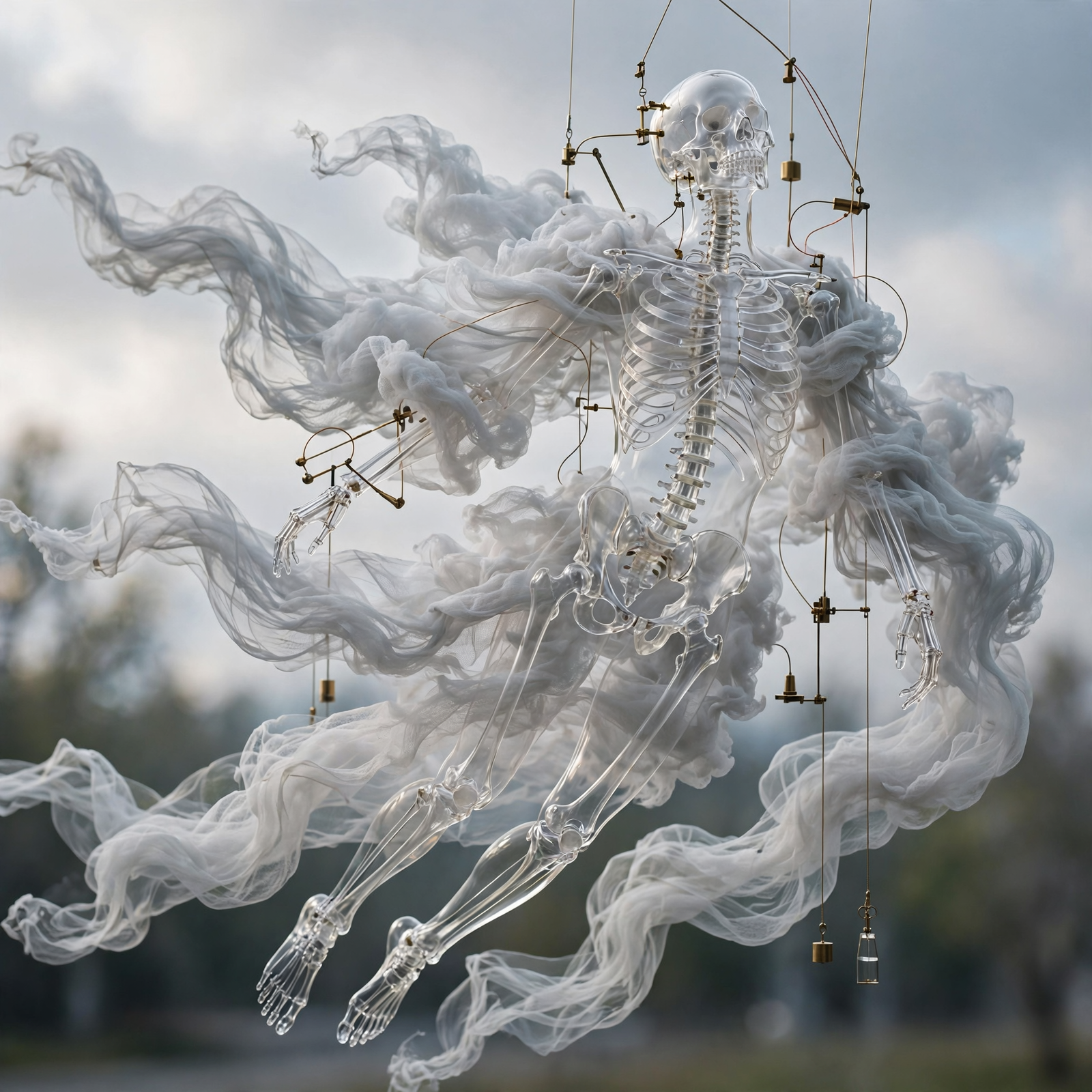 A transparent skeleton draped in flowing cloud-like gauze drifts through a muted sky, with delicate mechanical elements suspended around it.