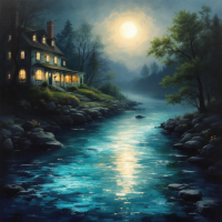 A serene night scene depicts the Waystone Inn, illuminated softly by moonlight, nestled by a tranquil river surrounded by lush trees and smooth rocks, embodying a profound silence.