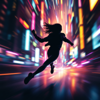 A silhouette of a person running through a vibrant, neon-lit cityscape, embodying the quote’s urgency to move with a dynamic and changing world.