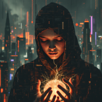 A hooded figure stands amid a futuristic cityscape, cradling a glowing orb that radiates energy, symbolizing the strength discovered in moments of deep fatigue.