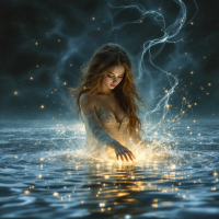 A girl with long, flowing hair kneels at the edge of shimmering water, reaching into a swirl of luminescent lights, evoking themes of memory and the ethereal nature of existence.