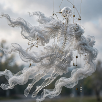 A transparent skeleton draped in flowing cloud-like gauze drifts through a muted sky, with delicate mechanical elements suspended around it.