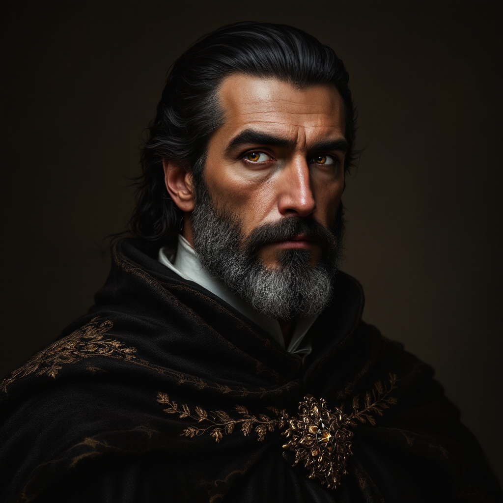 A distinguished man with a sophisticated air, featuring long dark hair and a beard, adorned in a dark cloak with intricate embellishments, exuding suave elegance and maturity.