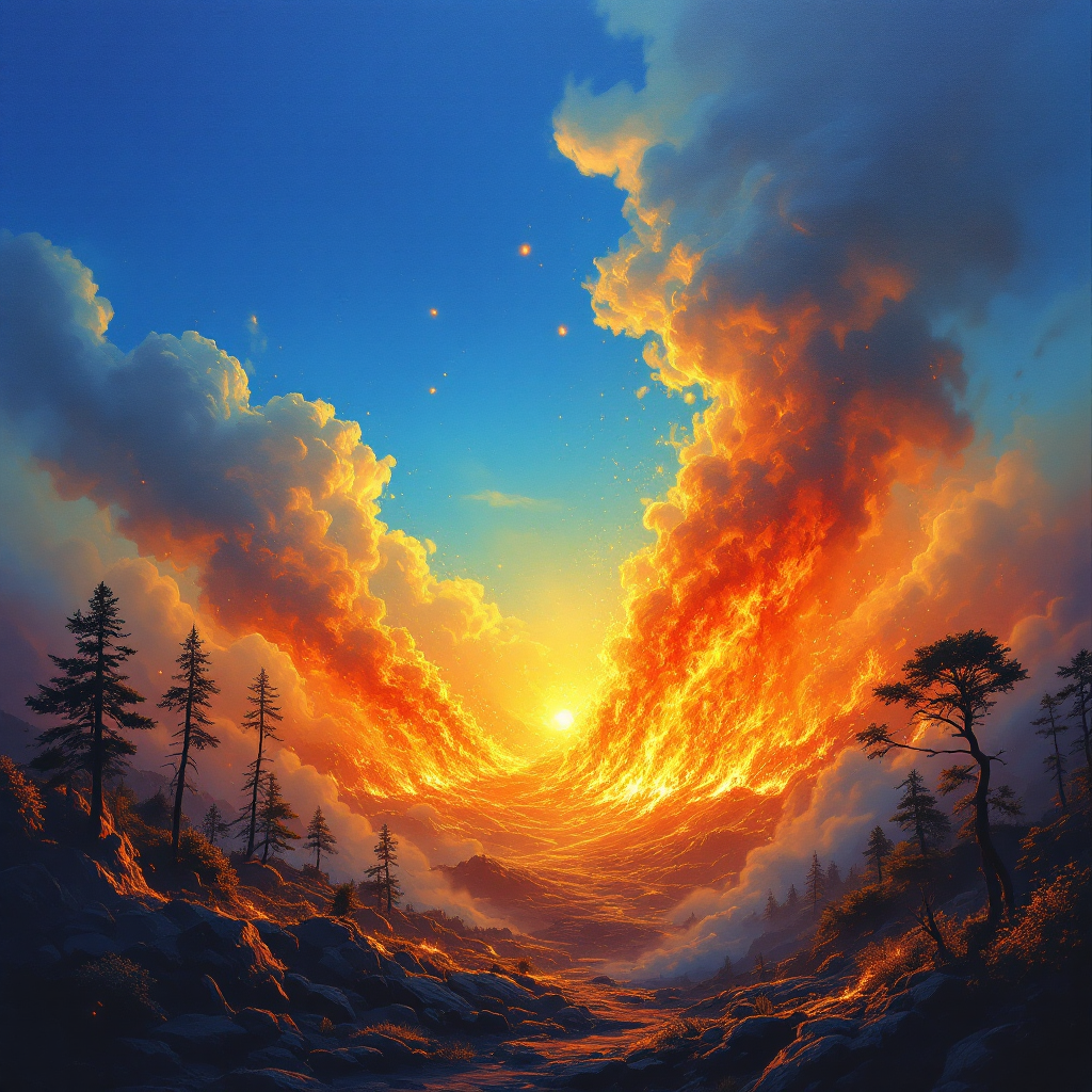 A vibrant scene of bright flames against a deep blue sky, with glowing clouds and silhouetted trees, capturing the essence of warmth and contrast from the quote The fire was bright and the sky was blue.