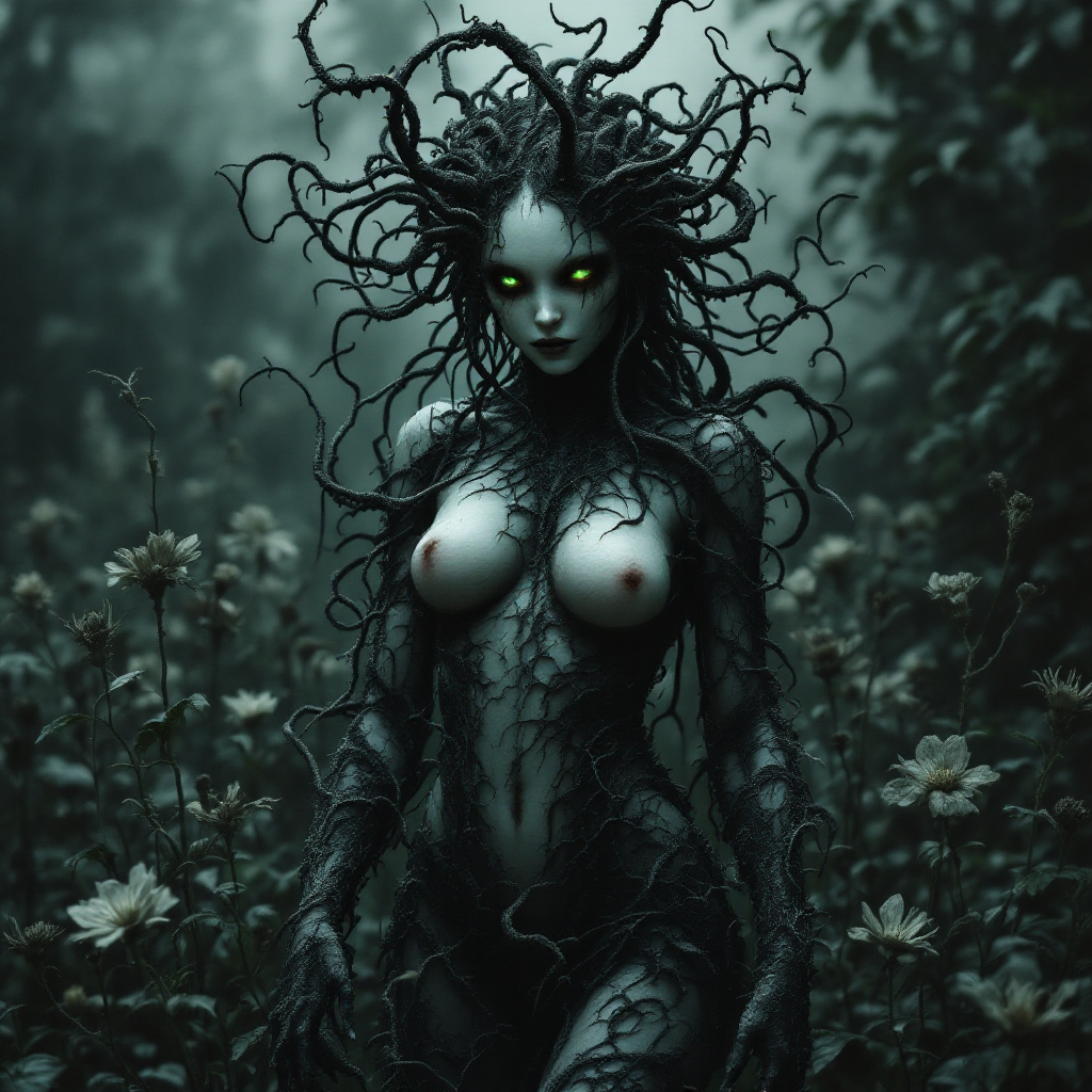 A mystical figure with flowing, dark tendrils and glowing green eyes stands amidst a shadowy forest, embodying the tension between nature and societal expectations.