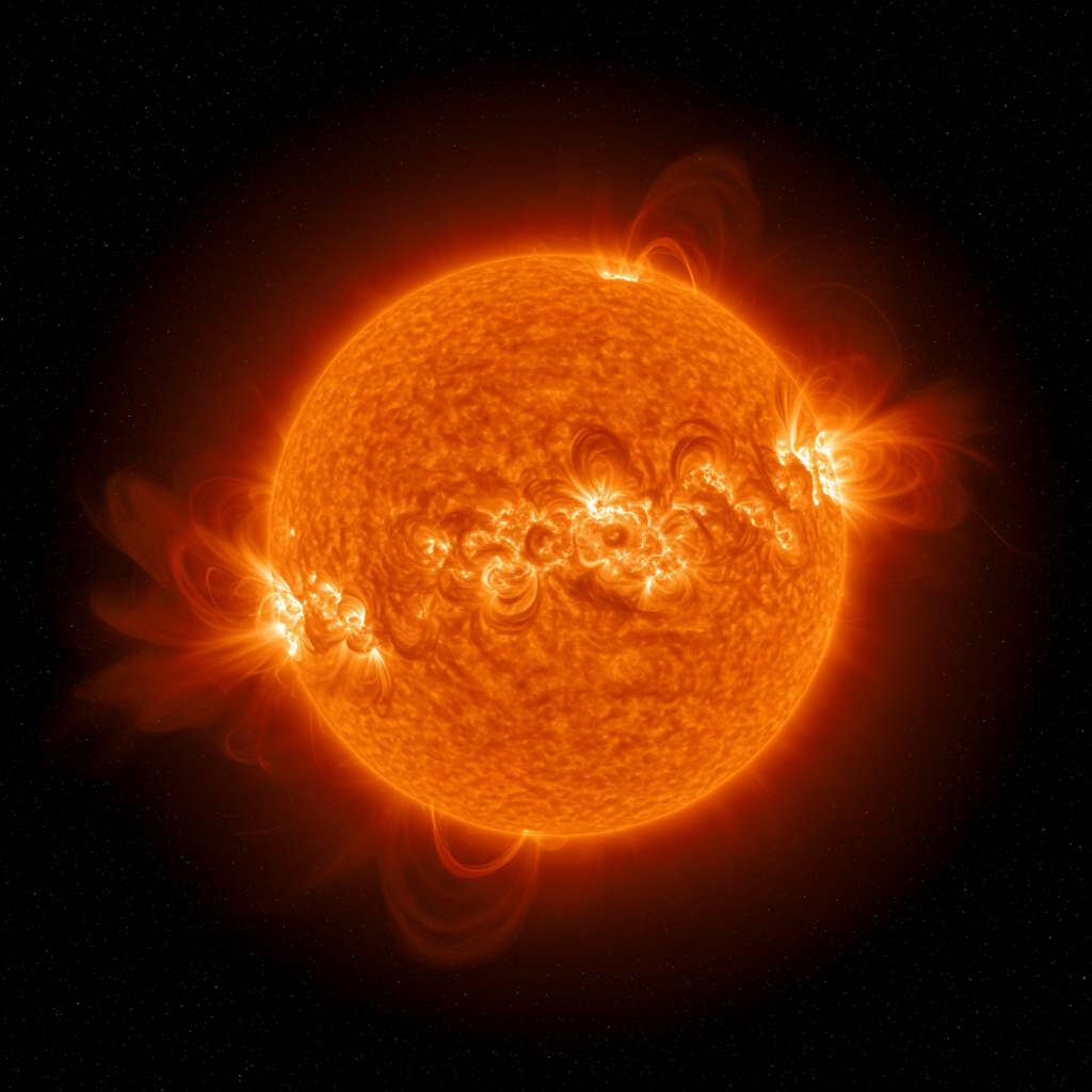 A turbulent, glowing sun with fiery loops and bursts of charged particles radiating outward, illustrating its violent, seething energy that fills the solar system.