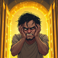 An angry man clutches his head in distress, illuminated by a glowing golden archway, embodying the quote about not wanting to face heaven with a headache.