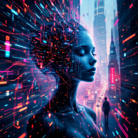 A futuristic figure with a glowing, digital head stands in a vibrant cityscape, symbolizing adaptability and resilience amidst swirling neon lights and technology.