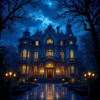 A grand, elegant mansion stands illuminated under a dark, stormy sky, with eerie trees surrounding it, embodying the hidden darkness suggested in the quote.