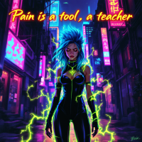 A fierce figure with electric blue hair stands confidently in a neon-lit city, surrounded by vibrant colors and glowing energy, embodying the quote about embracing pain as a teacher.