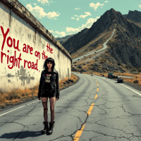 A figure in a leather jacket and fishnet stockings stands on a winding road, with a mountainous backdrop and a wall painted with the words You are on the right road.