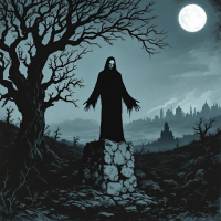 A hooded figure stands atop a stone pedestal under a full moon, surrounded by barren trees and a distant city, reflecting the quote about life and mortality.