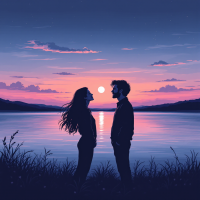 A couple stands facing each other by a serene lake at sunset, embodying the quote about true love: together yet independent, connected across physical distance.