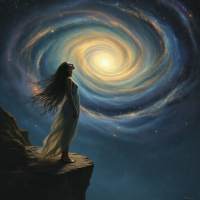 A woman in a flowing white dress stands on a rocky cliff, gazing at a luminous spiral galaxy, embodying the dreamlike exploration of space and time.