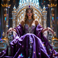 A regal queen sits on an ornate throne, adorned in a sparkling purple gown and crown, embodying strength and the heavy burden of her role amidst a mystical, shimmering backdrop.