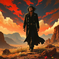 A solitary figure in a long coat walks confidently through a vibrant desert landscape under a dramatic sunset, embodying Ayn Rand's philosophy of living for one's own sake.