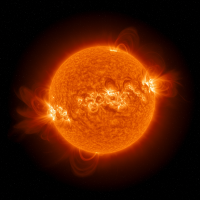 A turbulent, glowing sun with fiery loops and bursts of charged particles radiating outward, illustrating its violent, seething energy that fills the solar system.