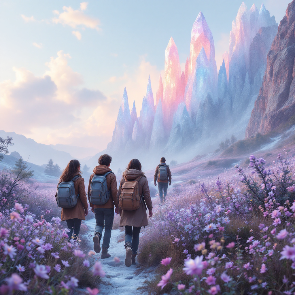 A group of explorers walks through a colorful, flower-filled landscape, surrounded by towering, crystalline mountains under a pastel sky, embodying the spirit of adventure and discovery.