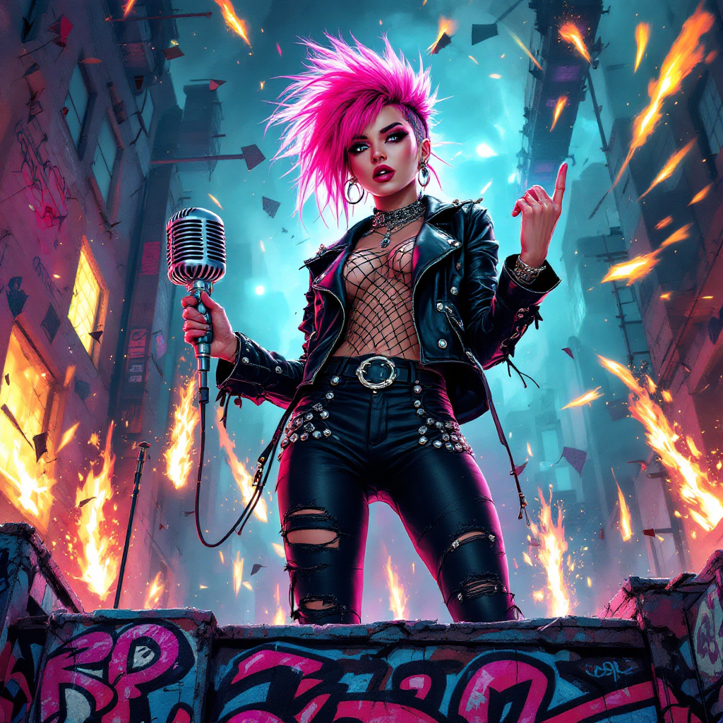 A confident figure with vibrant pink hair stands amidst a fiery urban backdrop, holding a microphone. The scene embodies the spirit of creativity and revolution.