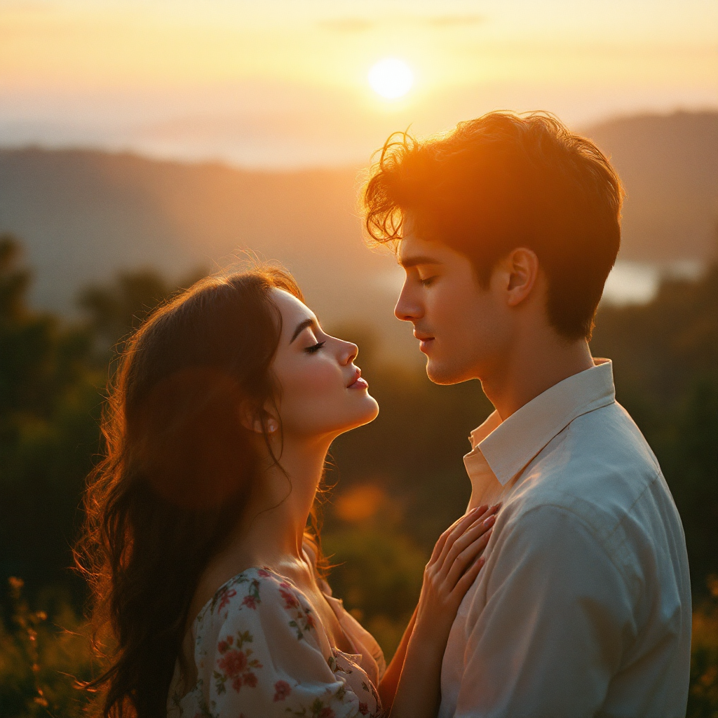 A couple stands close together at sunset, their foreheads touching and eyes locked, embodying the transformative power of love as it illuminates their surroundings.