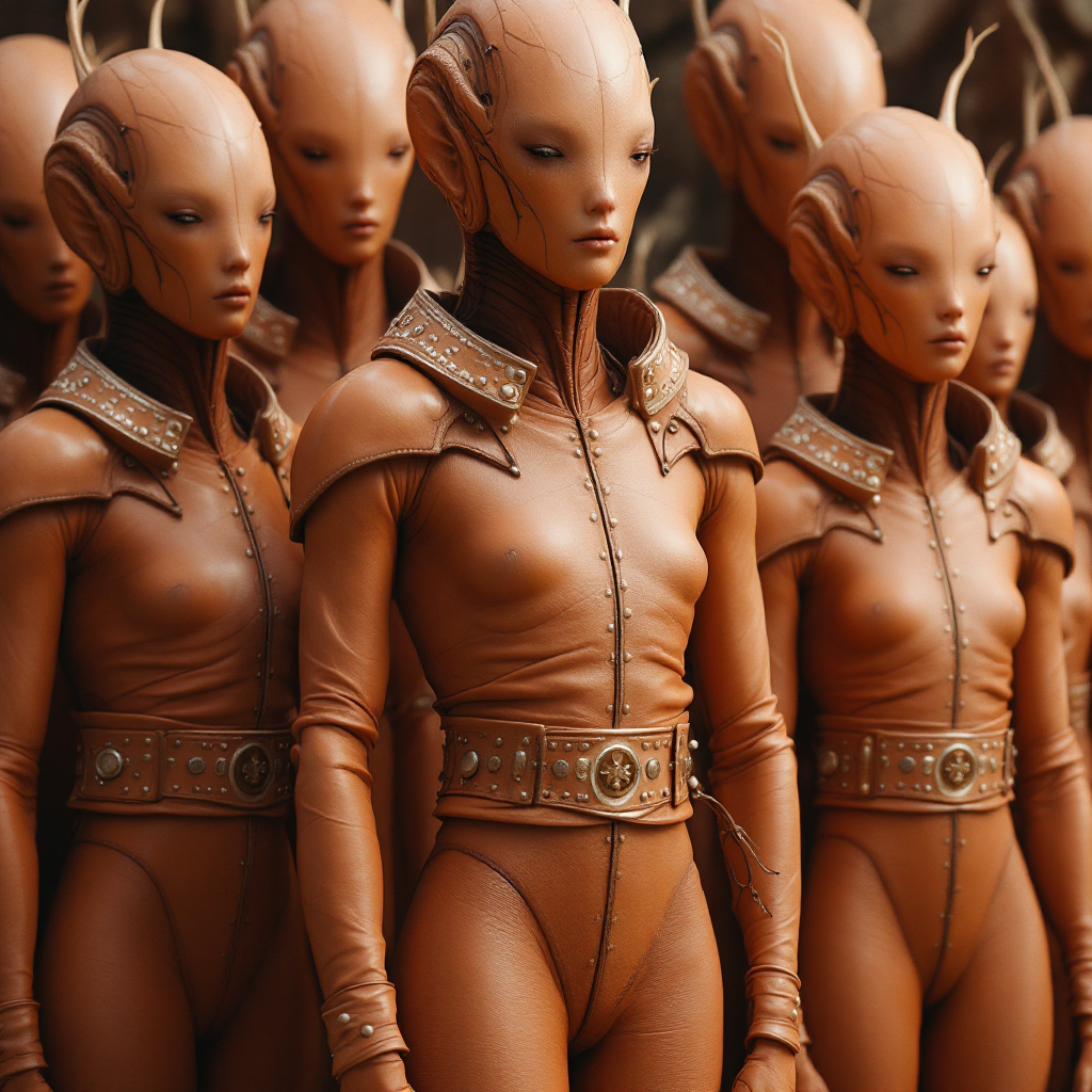 A group of tall, humanoid figures with salmon-colored exoskeletons and pouched belts, standing closely together, exuding an otherworldly and enigmatic presence.