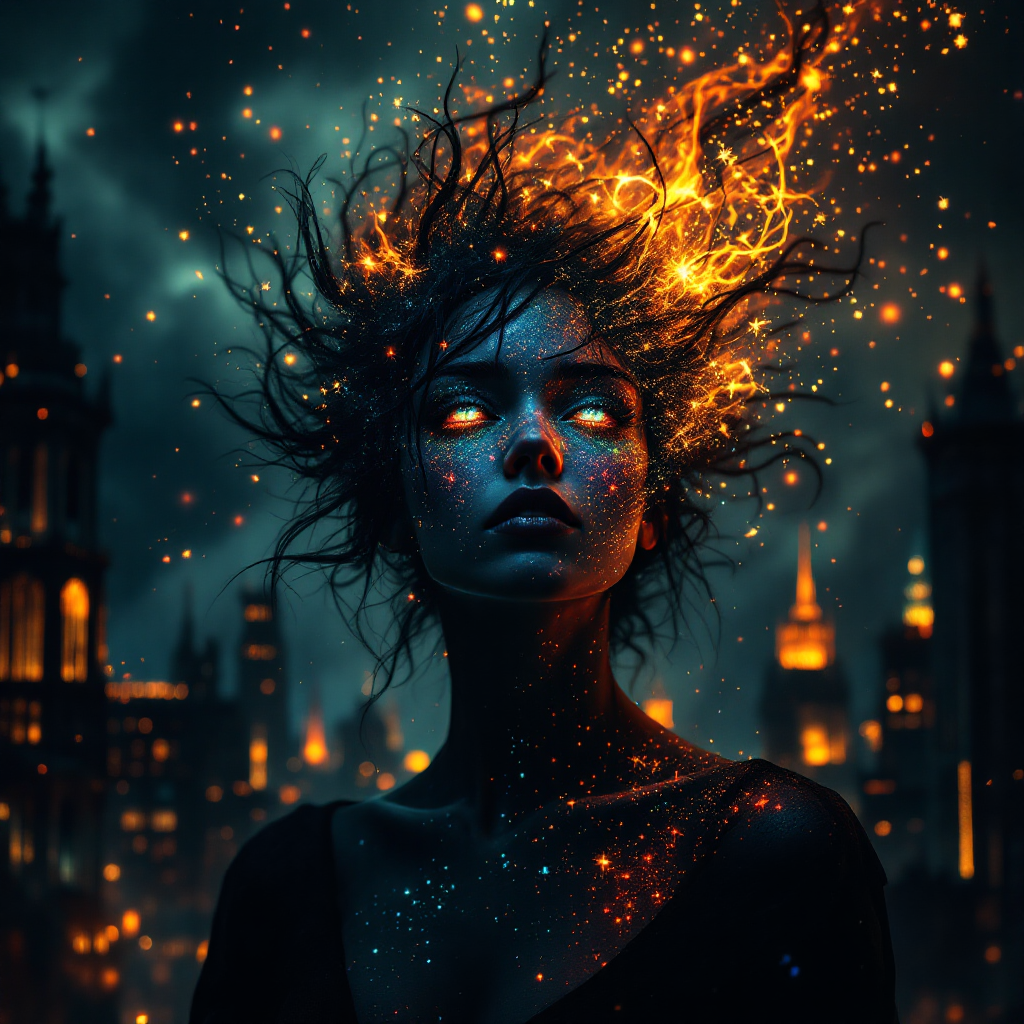 A powerful figure with fiery hair and glowing eyes stands against a dark city skyline, embodying strength and resilience in the face of inner demons.