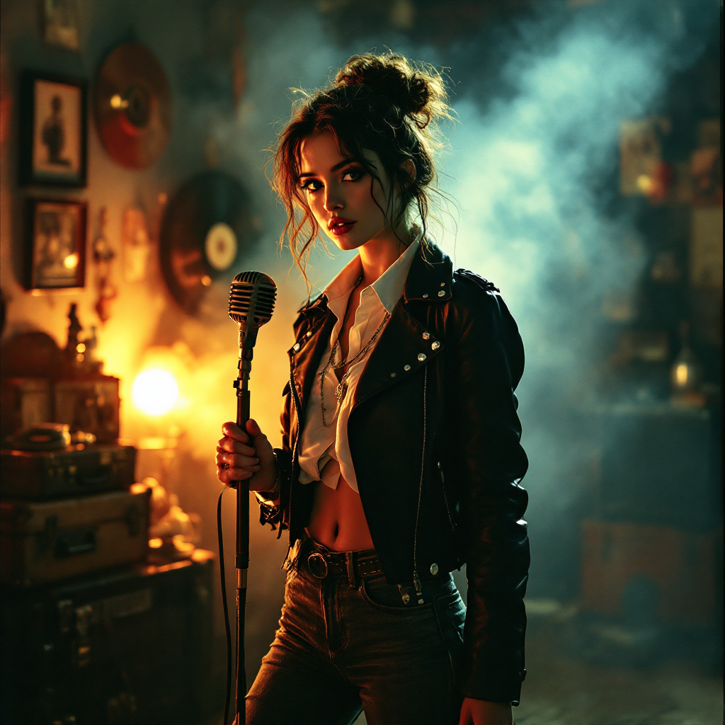 A captivating woman in a leather jacket stands confidently with a microphone, surrounded by a smoky, vintage backdrop, embodying the beauty and danger of love as a game.