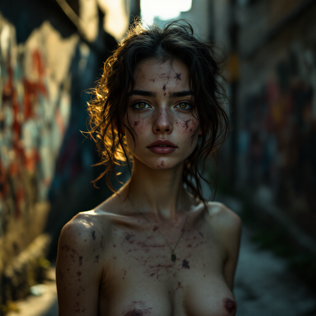 A reflective young woman stands in a graffiti-covered alley, her skin marked with scars and wounds, embodying the quote about stories and the quest for understanding.