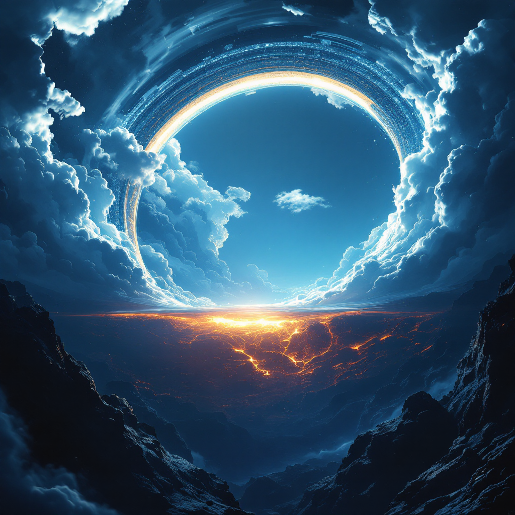 A massive glowing archway, part of a thousand-mile-wide circular ring, rises above clouds and rugged terrain, with its unseen half extending beneath the Earth’s surface.