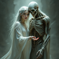 A ghostly woman in a flowing white gown stands beside a skeletal figure, symbolizing the connection between life and death, capturing the idea that both contain the same particles.