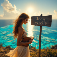 A woman in a flowing dress stands by the ocean, holding a book, gazing thoughtfully at a sign that reads Choose wisely, with a vibrant seascape and sunset in the background.