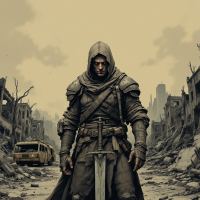 A hooded figure in armor stands in a desolate, war-torn landscape, sword in hand. The atmosphere echoes the quote, You win or you die. There is no middle ground.