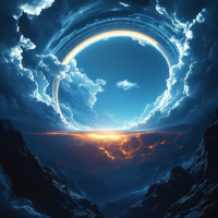 A massive glowing archway, part of a thousand-mile-wide circular ring, rises above clouds and rugged terrain, with its unseen half extending beneath the Earth’s surface.