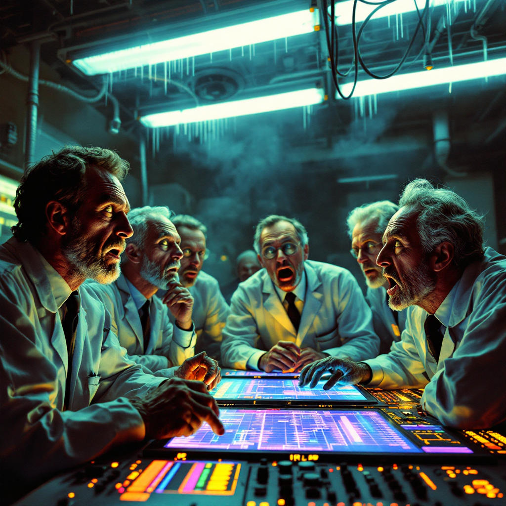 A group of scientists in lab coats stares intently at glowing data screens, their expressions a mix of shock and confusion, embodying the moment of uncertainty and tension.