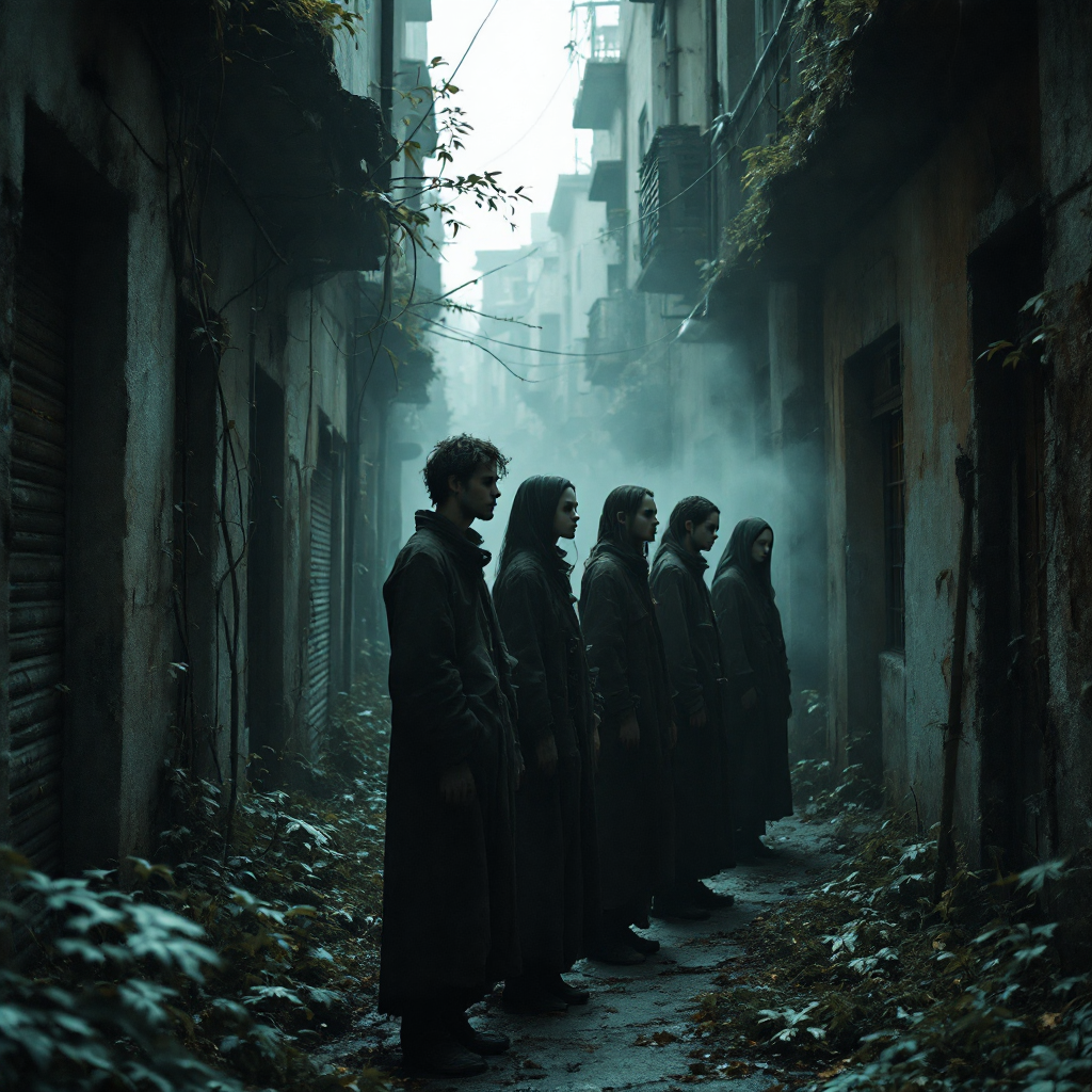 A group of six figures in dark, flowing coats stand solemnly in a misty, overgrown alleyway, embodying the tension between humanity and lofty ideals.