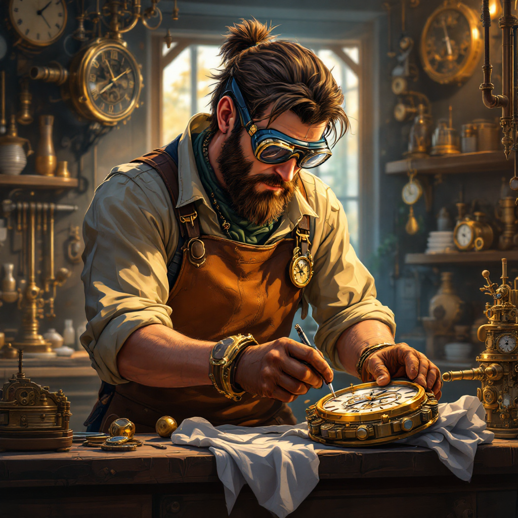 A skilled craftsman with glasses repairs a clock in a workshop filled with various tools and clocks, showcasing the importance of taking care of one's tools for a living.