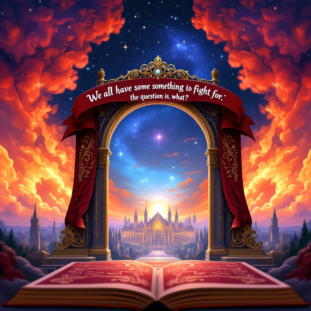 A vibrant scene featuring a grand archway and a glowing open book, illuminated by a starry sky and dramatic clouds, with the quote We all have something to fight for; the question is, what? prominently displayed.