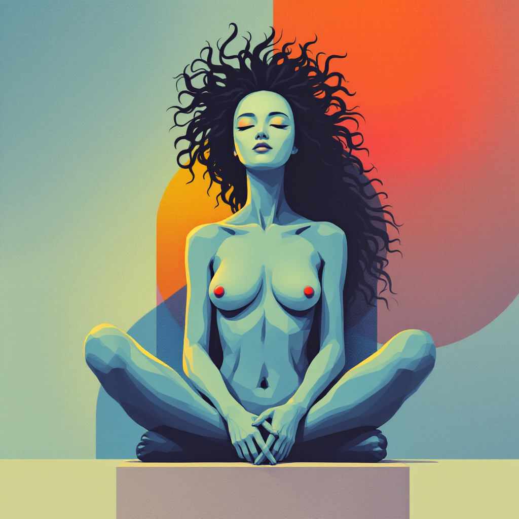 A serene figure with curly hair sits cross-legged, eyes closed, against a vibrant backdrop of contrasting colors, embodying introspection and self-understanding.